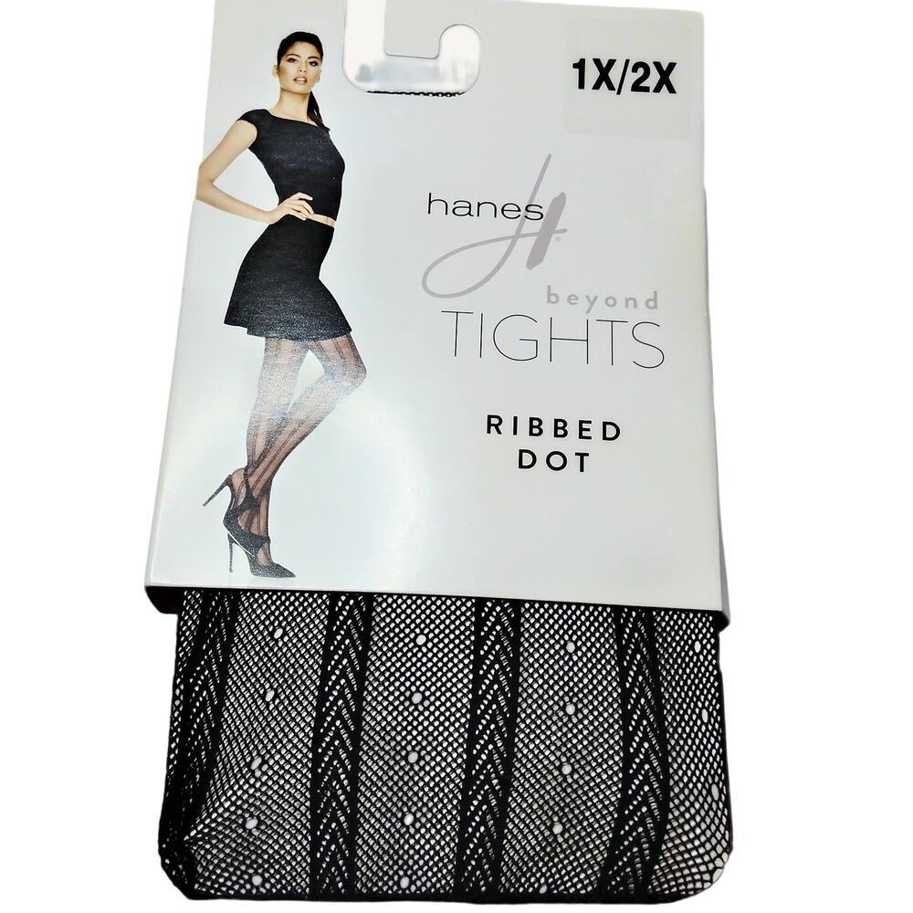 Hanes Beyond Ribbed Dot Tights 1X Black Sheer Polka Dot Q09570 NWT